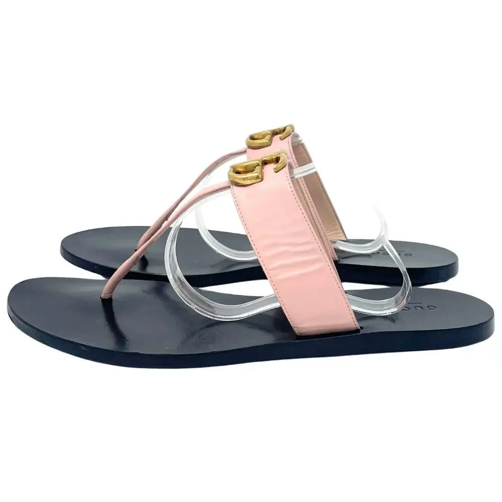 Gucci Shoes Sandals Marmont GG‎ Logo Thong Flats Pink Black Gold Monogram 38.5